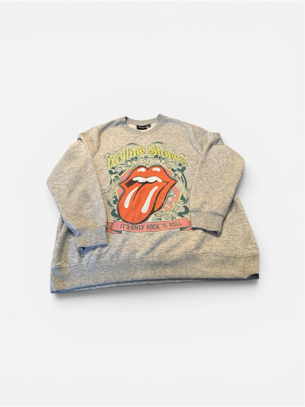 the Rolling Stones Gray Graphic Sweatshirt with Yellow and Green Print